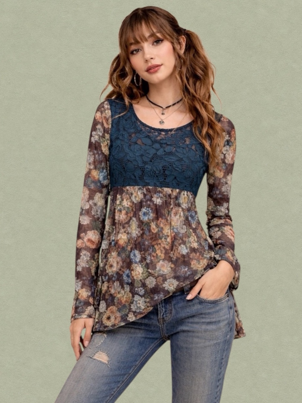 Y2K Floral Mesh Lace Babydoll Top Boho Empire Waist Sheer Sleeve Fairy Tunic